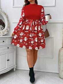 EMERY ROSE Plus Size Stand Collar Colorblock Ditsy Floral Fitted Waist A-Line Casual Holiday Dress - Multicolor - View 6