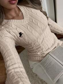 SHEIN EZwear Sweater V-Neck Hitam Ukuran Besar dengan Logo Kasual untuk Musim Gugur/Dingin - Aprikot - View 6