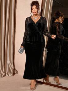 Cravure Bộ 2 món áo ren cổ chữ V tay dài thanh lịch và chân váy nhung đuôi cá cho nữ - màu đen - Xem 3