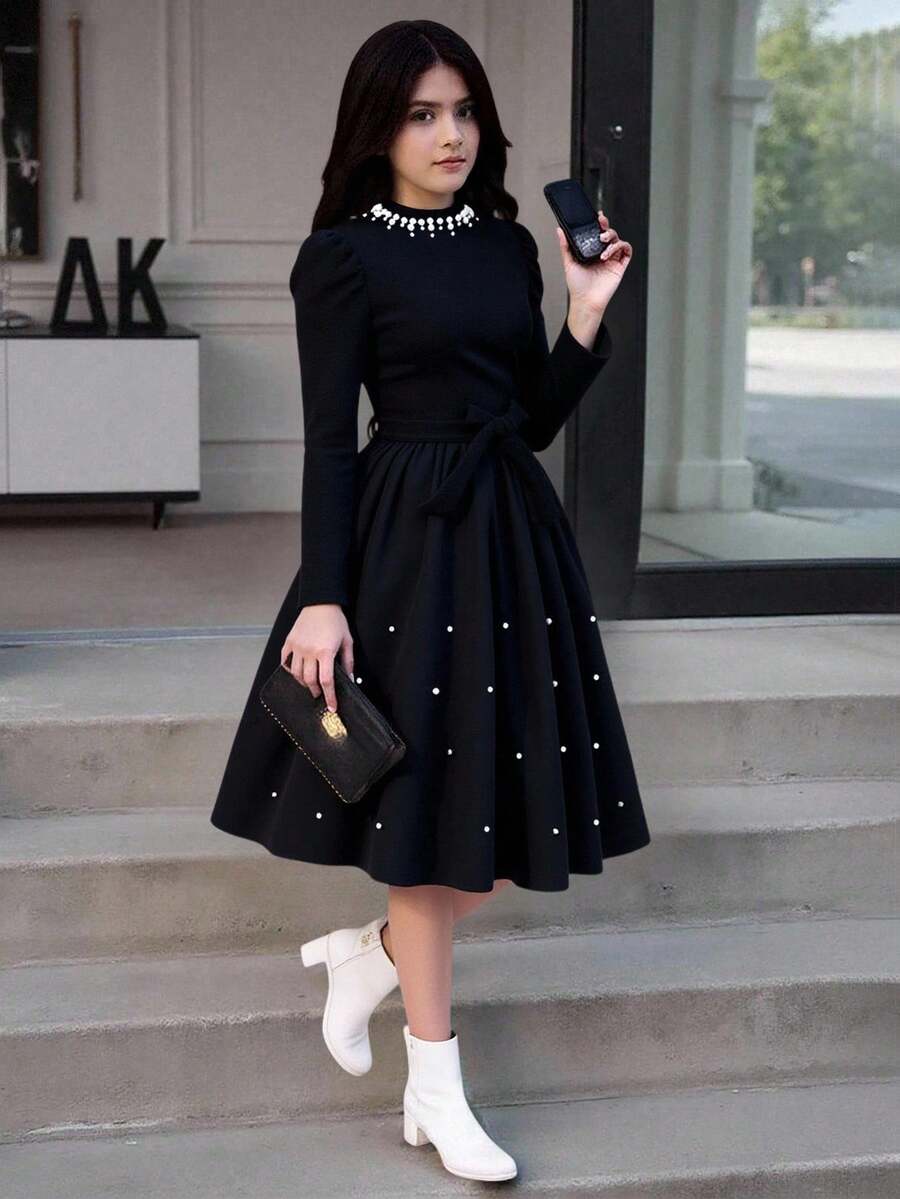 Tween Girl Elegant Pearl Embellished Puff Sleeve Dress - Black - View 1