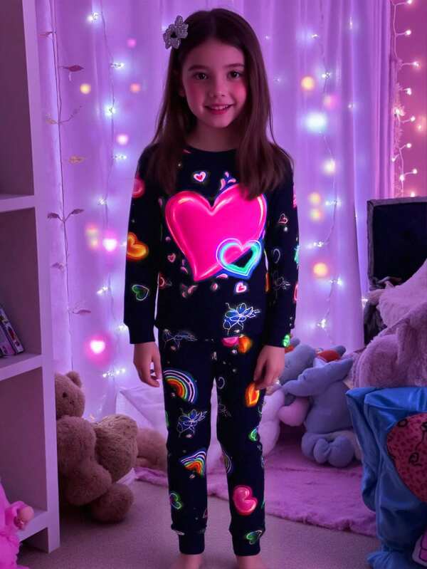 SHEIN Tween Girls' Casual Comfortable Crew Neck Pullover T-Shirt And Pants Loungewear Set