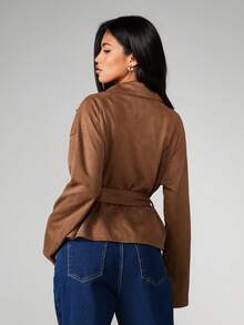 MISSGUIDED Oversized Collar Tie Up Waist Long Sleeve Casual Jacket Trench Coat - Brown - View 2