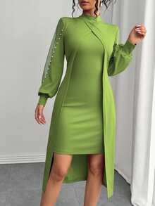 SHEIN Clasi 女士优雅圆领网纱拼接泡泡装饰长袖连衣裙长裙套装 - 橄欖綠 - 查看 8