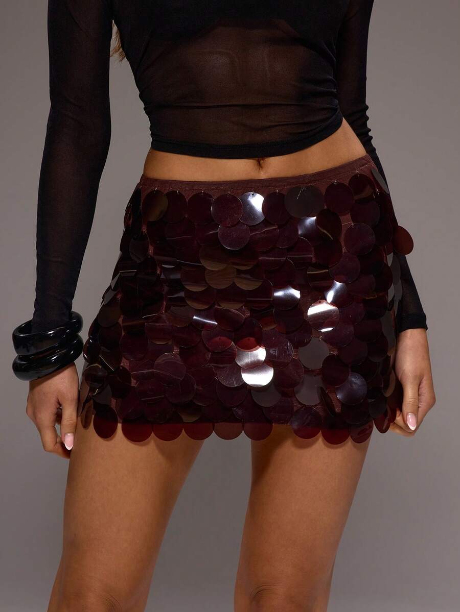 MUSERA 中腰亮片圆盘修身迷你裙，性感优雅，适合各种场合，如派对、晚宴、新年、夏季假期、节日庆典。 - 咖啡棕 - 查看 1