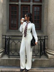 SHEIN EZwear 2pcs Women Sleeveless Fitted Top And Wide Leg Pants Suit Set In Fall/Winter - Apricot - View 5