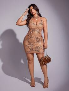 Viva Relle Große Größen Herbst/Winter Partykleid mit Pailletten, Stickereien, Perlen und Dopamin-Besatz, farbenfroh, ärmellos, tailliert, rückenfrei, figurbetont, für Damen, sexy Partykleid für kurvige Frauen, sexy Geburtstagskleid, glamouröses Diva-Kleid, durchsichtiges Kleid, roségoldenes Kleid, Große Größen Partykleid, Tanzkleid, Date-Date, Dinnerparty, Bankett - Orange - Übersicht 6