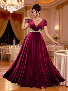 Cravure Váy dự tiệc nhung cỡ lớn cho nữ, cổ chữ V, viền xếp nếp sequin, váy dự tiệc cao cấp sang trọng - Màu Đỏ Sâu - Xem 1