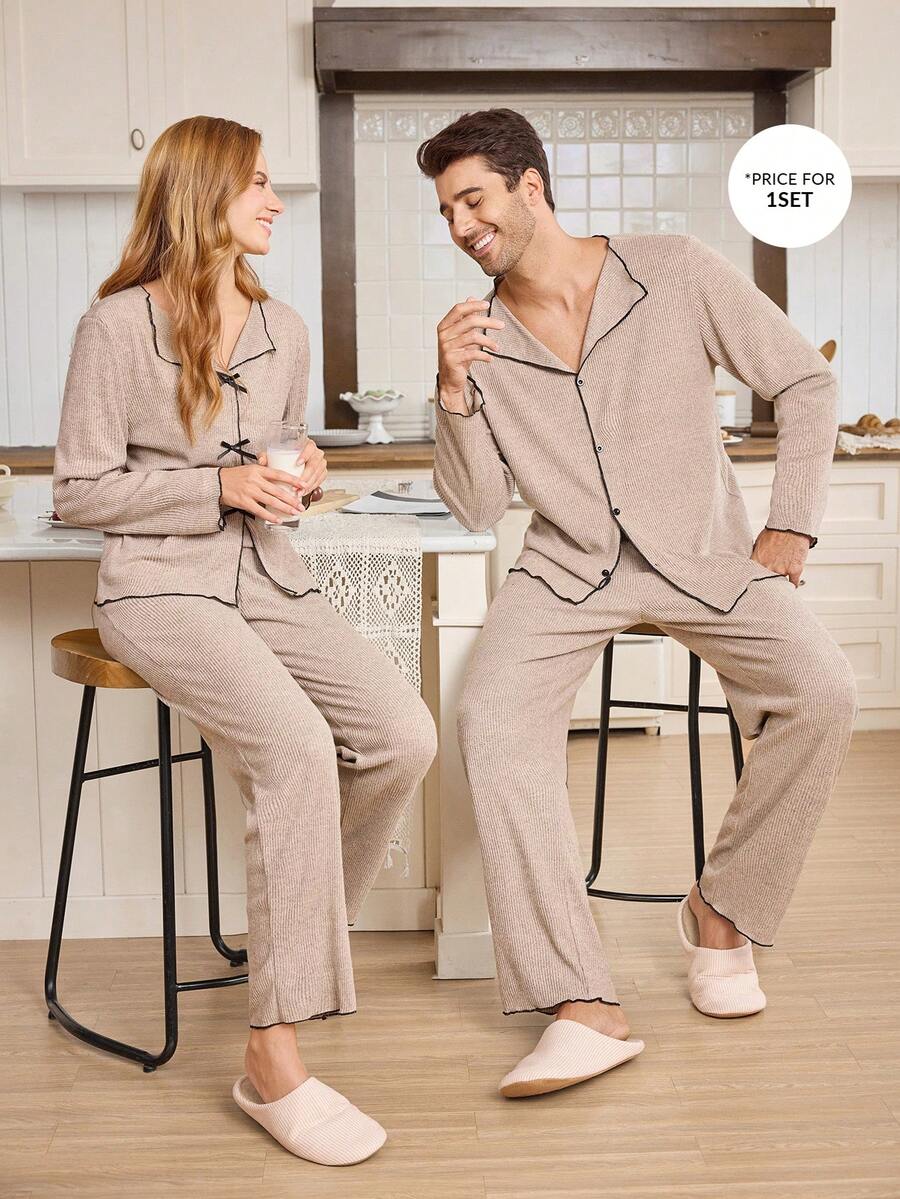 CoupledUp 男士休闲宽松磨毛V领长袖睡衣套装，秋冬款 - 卡其色 - 查看 1