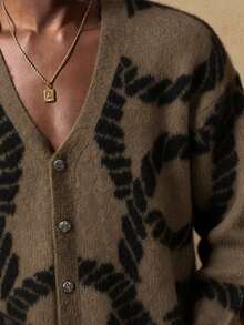 AKNOTIC 男士休闲时尚 - 宽松纽扣开襟毛衣 - 对比提花图案 - 可机洗或干洗 - 适合秋冬季穿着 - 咖啡棕 - 查看 8