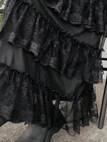 FRIFUL Women's Solid Color Elastic Waist Contrast Lace Pleated Skirt, Loose Casual Versatile Long Skirt, Autumn/Winter - Black - View 7