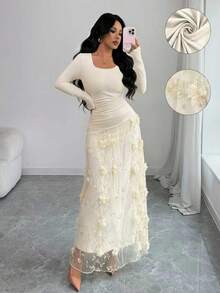 Elenzga Đầm suông họa tiết hoa 3D màu trơn thanh lịch, thoải mái, quyến rũ, cổ điển, lãng mạn, ngày lễ, nhẹ nhàng, tay dài, cổ tròn, ôm sát, dáng chữ A, viền phồng - Màu be - Xem 8