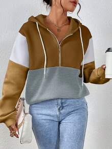 SHEIN LUNE 女士休闲撞色拉链半拉链卫衣，秋冬款 - 咖啡棕 - 查看 5