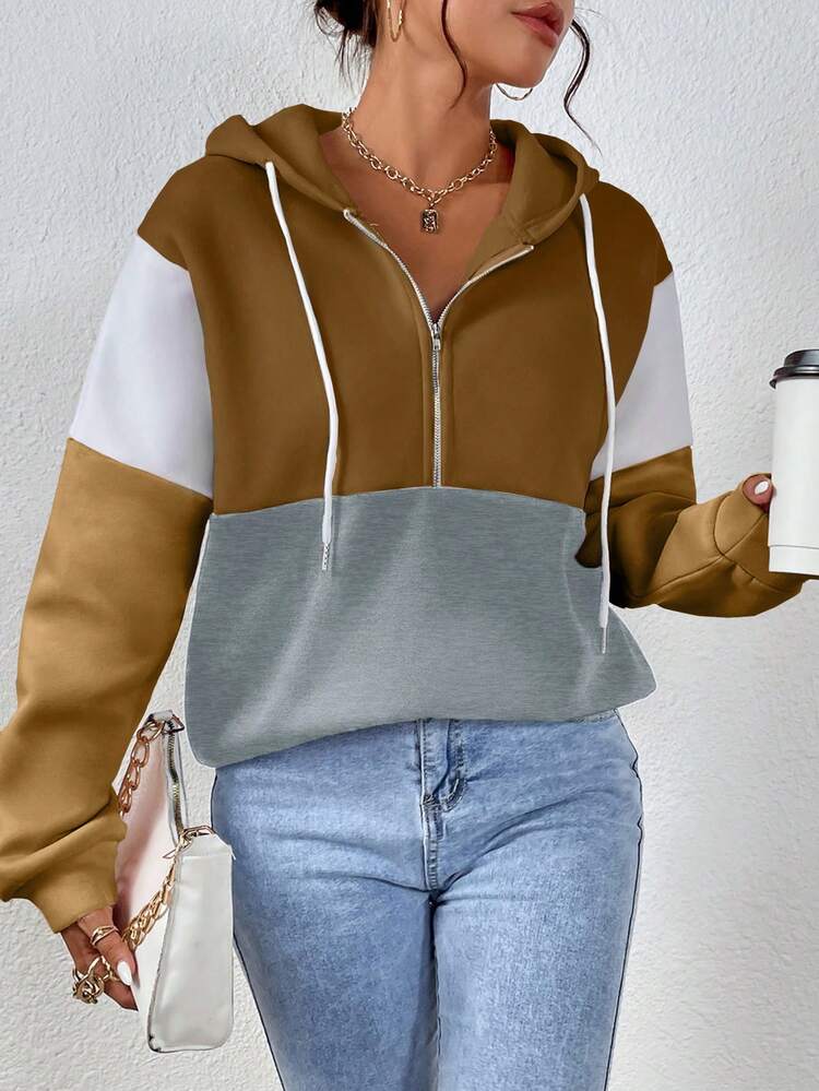 SHEIN LUNE 女士休闲撞色拉链半拉链卫衣，秋冬款 - 咖啡棕 - 查看 5