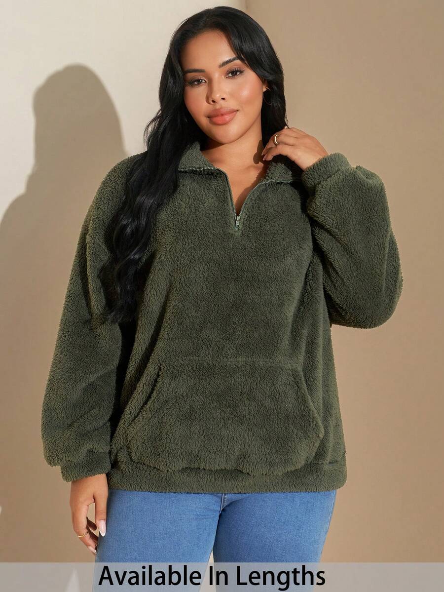 SHEIN Tall CURVE 女士纯色套头卫衣，半拉链设计，长袖，宽松版型，适合秋冬季节，长袖上衣，毕业季、教师节、返校季穿着 - 軍綠色 - 查看 1
