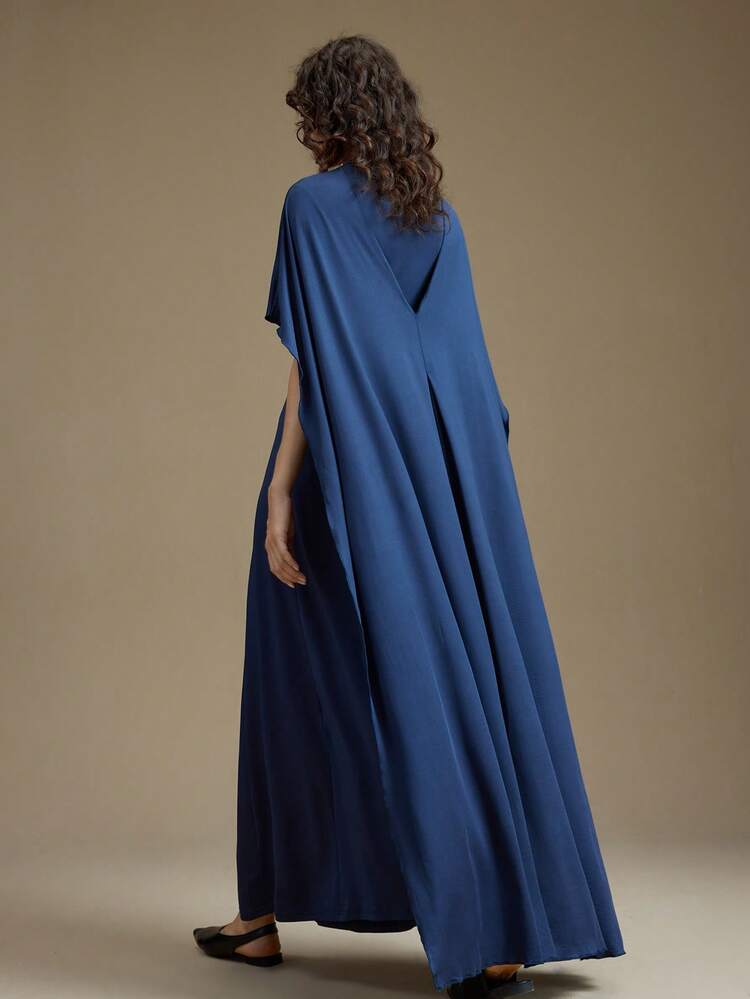 Women's Elegant Navy Blue Summer Mandarin Collar Pleated Metal Ring Dress,High-End Old Money Style Gown For Dining,Wedding Guest & Holiday Party