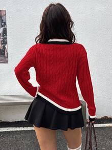 INAWLY Women's Embroidery Contrast Color Sweater, Autumn/Winter - Red - View 2