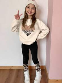 SHEIN 奶油米色女童装，秋日气息，渐变色闪光豹纹心形图案，女童休闲厚款柔软圆领长袖运动衫和紧身裤套装，适合秋冬季，秋季服装，轻松舒适，儿童秋季多层穿搭，时尚童装，休闲装，儿童心形图案服装，返校季，秋季服装，返校节，适合外出，街头风格，居家，派对 - 彩色 - 查看 4