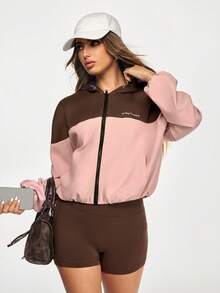 SHEIN Sports 女士字母印花撞色拉链连帽休闲运动夹克 - 粉色 - 查看 3