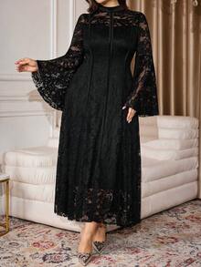 Modelyn 大码女式针织蕾丝镂空喇叭袖拉链后背优雅派对喇叭裙 - 黑色 - 查看 6