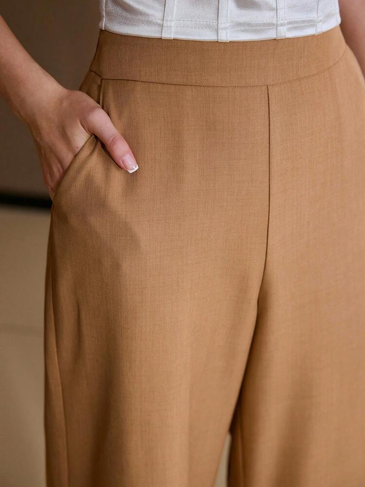 KHAKI MINIMALIST WIDE LEG SUIT PANTS