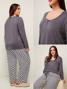 LUVLETTE Autumn And Winter Women Plus Purple Soft Cotton Basic Long T-Shirt & Patterned Pants Loungewear Pajama Set For Women Pants With Pockets Lingerie As Outerwear Lounge Sets Fall Pajamas - Black and White - View 2