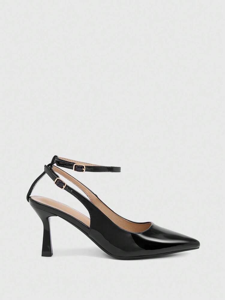 CUCCOO BIZCHIC Women's Pointed Toe Ankle Strap Cross Strap Stiletto Heel Pumps, Faux Leather, Classic Black, Formal Wear, Office, Versatile