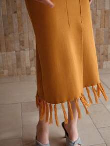 MOTF PREMIUM SOLID FRINGE HEM SWEATER SKIRT - Apricot - View 5