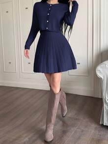 Feyla 女士宽松针织连衣裙和开衫两件套，秋冬毛衣连衣裙套装 - 藏蓝色 - 查看 3
