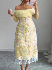 Modelyn Vestido plisado de manga larga con hombros descubiertos, parches de malla y bordados para mujer de talla grande - Amarillo - Ver 5