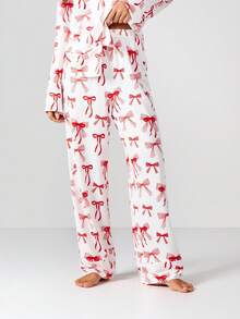 MISSGUIDED Bộ đồ ngủ in nơ tay dài cài nút phía trước cho nữ Bộ đồ ngủ thoải mái cho ngày lễ Giáng sinh - Đỏ - Xem 5