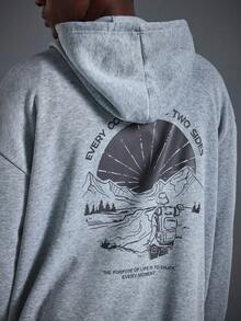 Driftmere 男士休闲街头野花山印花宽松抓绒连帽衫，引领时尚潮流，保暖舒适，适合运动户外，日常休闲运动上衣 - 深灰色 - 查看 3