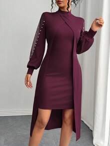 SHEIN Clasi Đầm Maxi Tay Dài Cổ Tròn Phối Lưới Trang Trí Bong Bóng Thanh Lịch Cho Nữ - Màu hồng gỉ - Xem 5