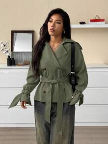 SHEIN EZwear 女式休闲纯色缺口领双排扣风衣，秋季 - 綠色 - 查看 5