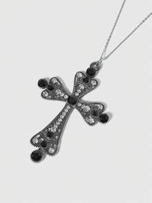 ROMWE Goth Black Multi-Layered Necklace With Black Pearls, Rhinestone, And Cross Pendant, Fashionable And Sophisticated Jewelry For Men And Women - Black - View 2