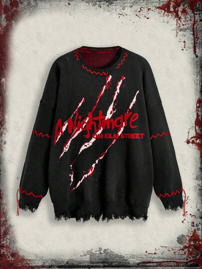 A Nightmare on Elm Street X ROMWE Halloween Spooky Claw Print & Letter Pattern Distressed Hem Loose Pullover Sweater