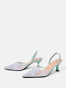 CUCCOO HITCHD Giày cao gót dự tiệc họa tiết hoa đen thời trang dành cho nữ - Màu xanh nhạt - Xem 9