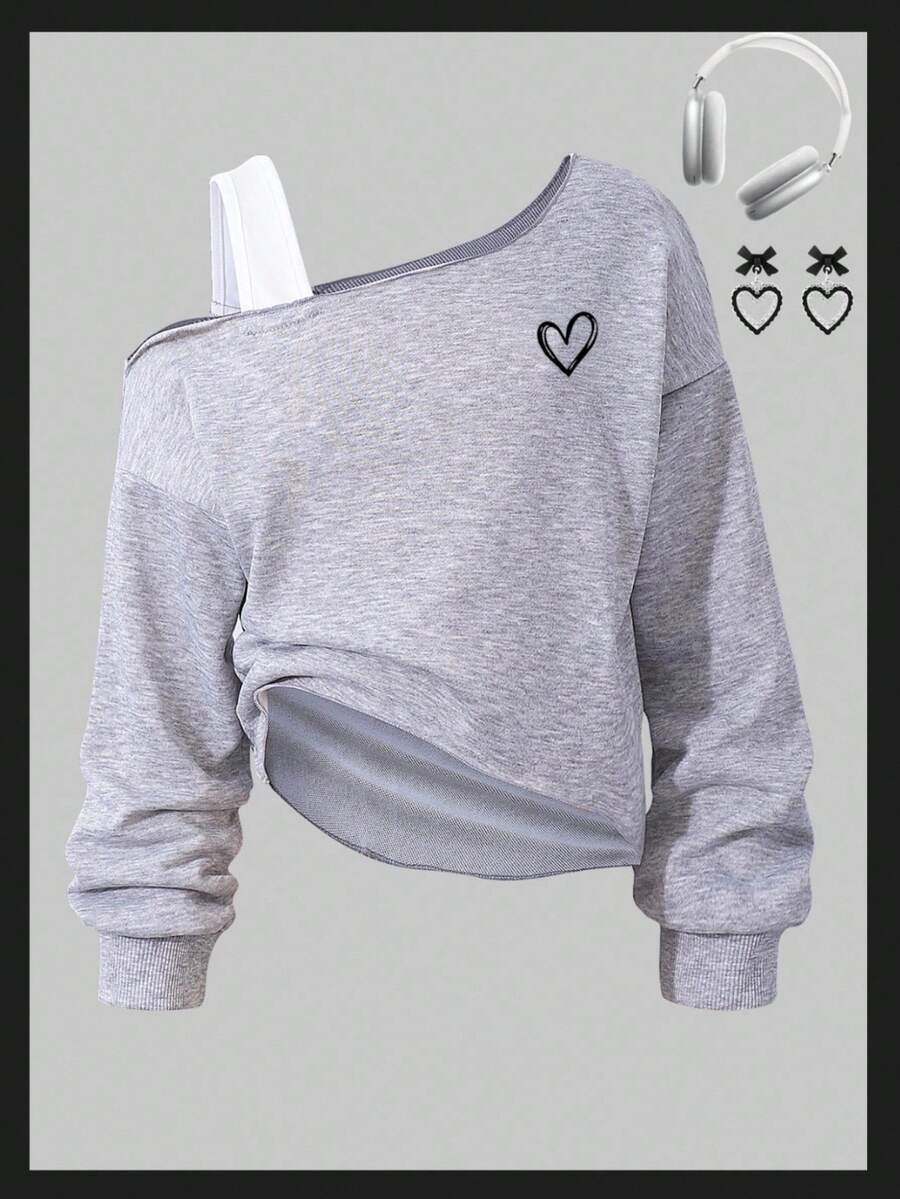 SHEIN Mädchen Schmetterling Muster asymmetrische Schulter freiliegende asymmetrische Saum Lässig Sweatshirt