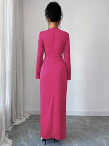 Elenzga Váy quấn trơn màu thanh lịch dành cho nữ, thích hợp để đi làm - Màu Hồng Tươi - Xem 2