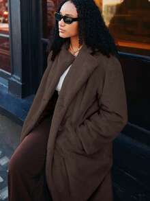 SHEIN Frenchy Drop Shoulder Double Breasted Teddy Coat In Fall/Winter Brown Casual - Brown - View 9