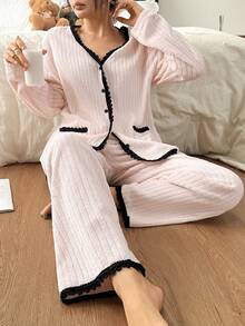 SHEIN 撞色滚边双口袋开襟长袖上衣和裤子女士家居服套装，蓬松舒适的冬季服装 - 淺粉色 - 查看 6