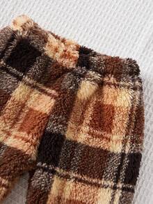 幼儿男童格子抓绒圆领长袖上衣和裤子套装，卡其色，舒适保暖的冬季假日圣诞节亲子装，适合秋冬季穿着 - 咖啡棕 - 查看 7