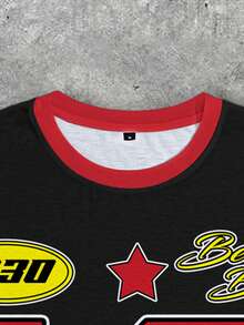 Betty Boop x SHEIN 男士休闲字母和卡通图案圆领短袖T恤，夏季 - 白色 - 查看 4