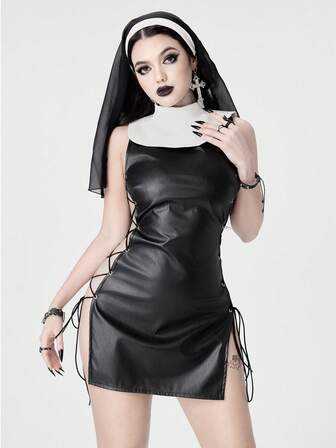 Goth 3 قطع من طقم زي راهبة جوتيك جذاب للنساء مع فتحات جانبية وأشرطة، للعب الأدوار في عيد الهالوين