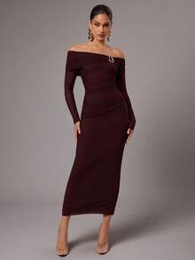 Silquee Women's Solid Color Minimalist Long Sleeve Casual Dress,Dresses For Women Elegant - Maroon - View 5