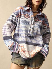 Bohemela Lässige, locker geschnittene Bluse mit Halbbündchen, Langarm und Muster-Muster für Damen - Blau - Übersicht 2