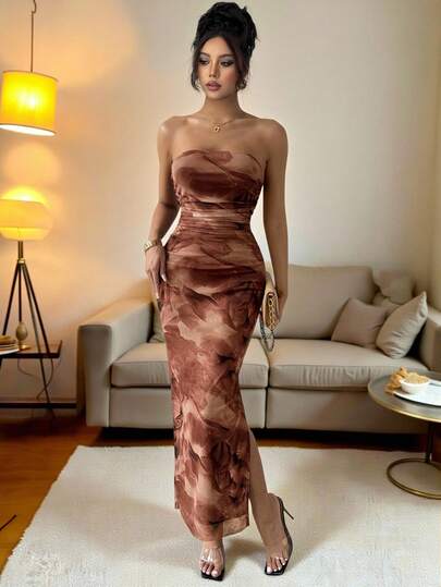 Rafferiza Vestido maxi de mujer con estampado de flores, plisado, ajustado y con abertura lateral, para verano