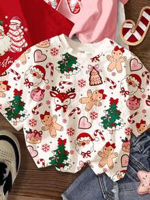 SHEIN 3pcs/Set Young Girl Casual Red,Summer,Satin Short Sleeve Round Neck T-Shirts,Christmas Santa Hat,Reindeer,Tree,Candy Cane Bow,Snowflake Prints,Daily - Multicolor - View 3