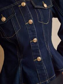 Vintamour 女士修身牛仔外套，四季皆宜，适合圣诞节、新年、感恩节等各种场合，优雅派对外套，金色纽扣细节和修身腰线设计，尽显女性曲线。 - 深色水洗藍 - 查看 8