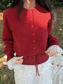FRIFUL Women's Colorblock Round Neck Long Sleeve Drawstring Hem Bow Cuff Contrast Lace Loose Casual Cardigan, Autumn/Winter - Red - View 3