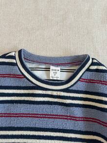 PrepCrw 2 件套年轻男孩优雅都市校园风格蓝、白、红条纹圆领长袖针织运动衫和卡其裤套装，适合休闲、郊游、聚会、圣诞节、秋冬季 - 彩色 - 查看 3